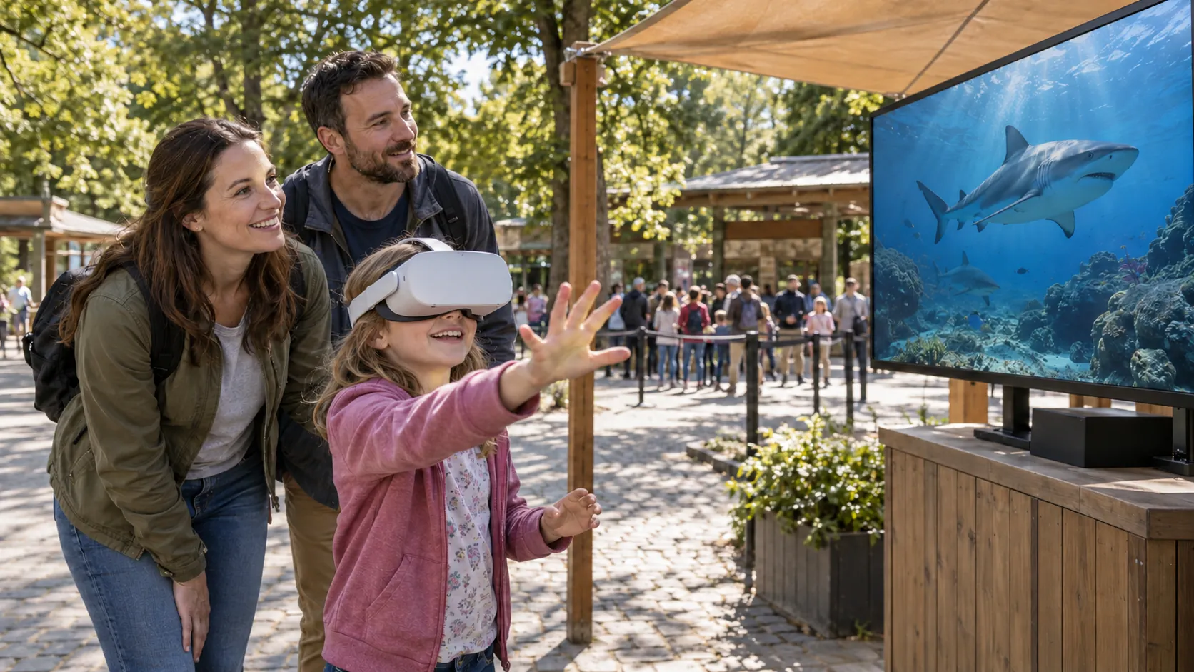 Rodina u VR koutku – dívka s brýlemi, ponor na velké obrazovce – ilustrace
